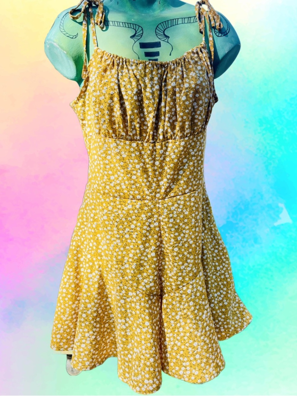 Adorable Yellow Floral Tie-Shoulder romper Sundress